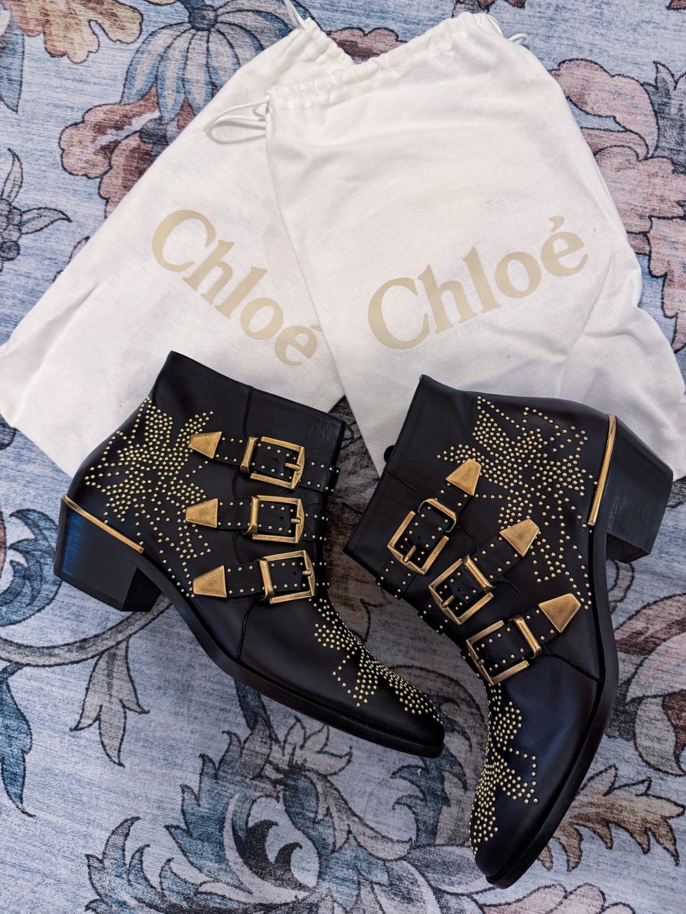 Brand New! Chloe Susanna Studded Black Leather Ankle Boots Gold Buckles